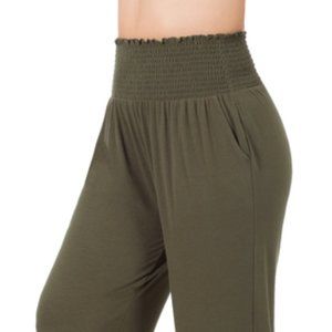 Plus Size Dark Green Smocked Waist Joggers with Side Pockets